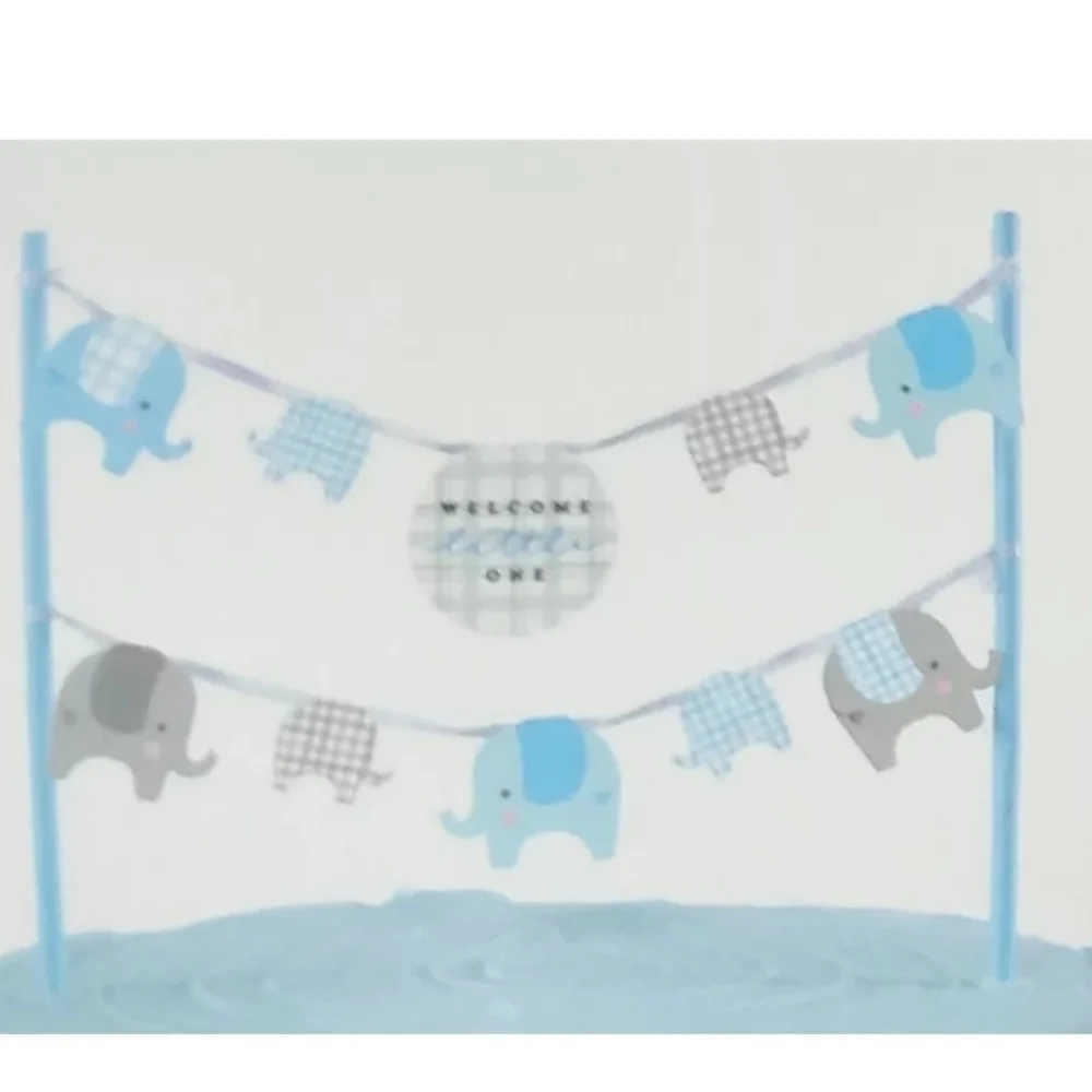 Baby Boy Shower Cake Topper Banner Blue Elephant Welcome Little One Birth Insert